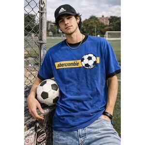 Abercrombie Ringer Tee M Blue Soccer Graphic Y2K Vintage Style Shirt